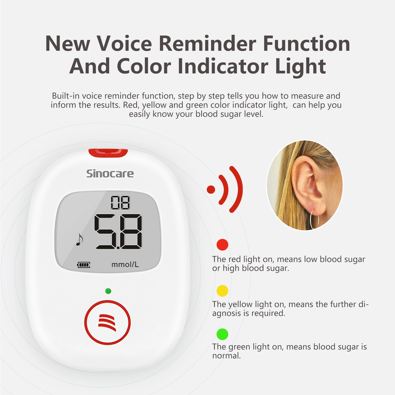 Sinocare LCD Display Diabetes Digital Glucometro Blood Gluco Meter, Portable Blood Sugar Monitor Kit