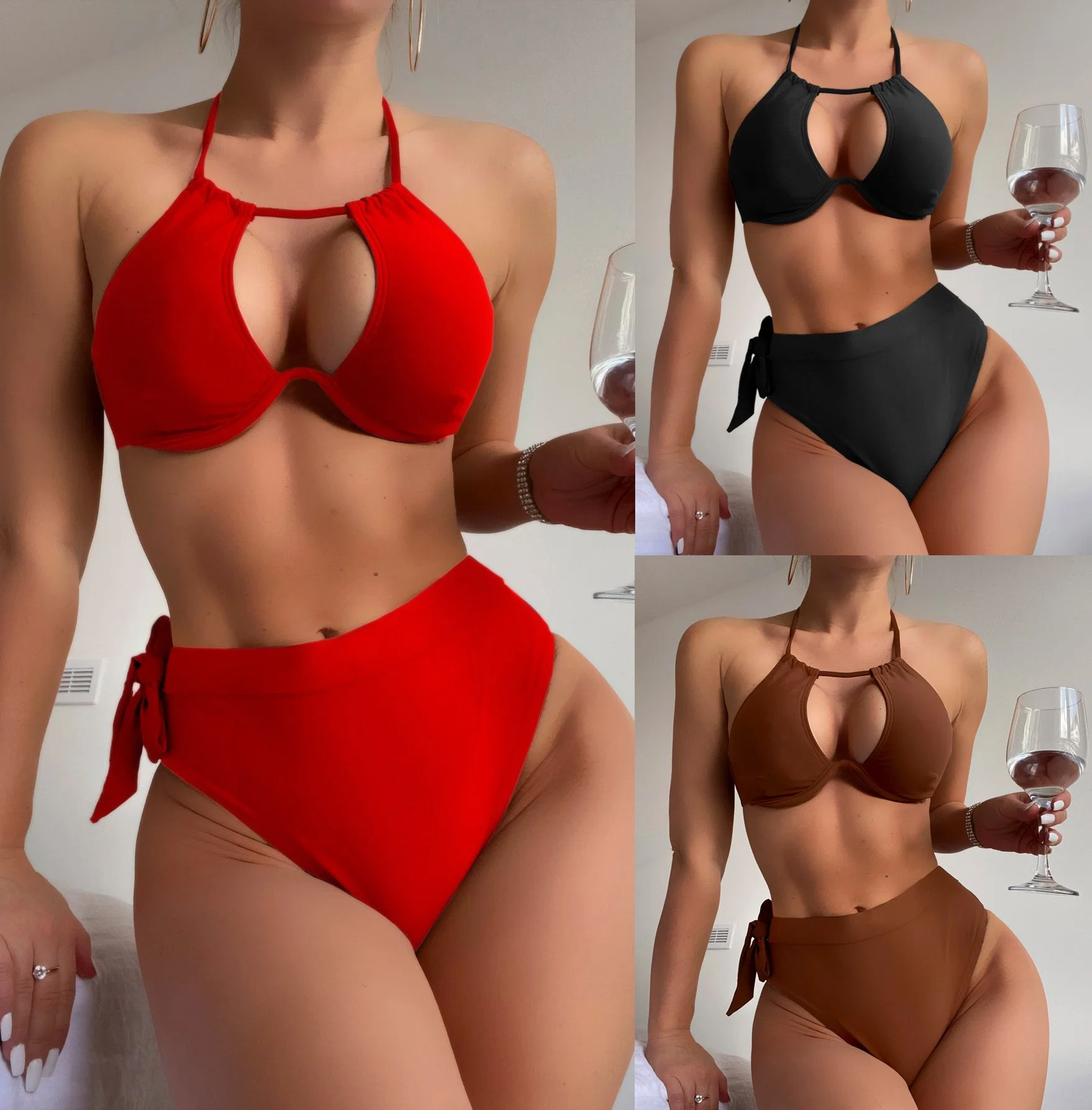 Fato de banho de cor sólida Red Women, bikini de duas peças, empurre para cima Fato de banho de cintura subida