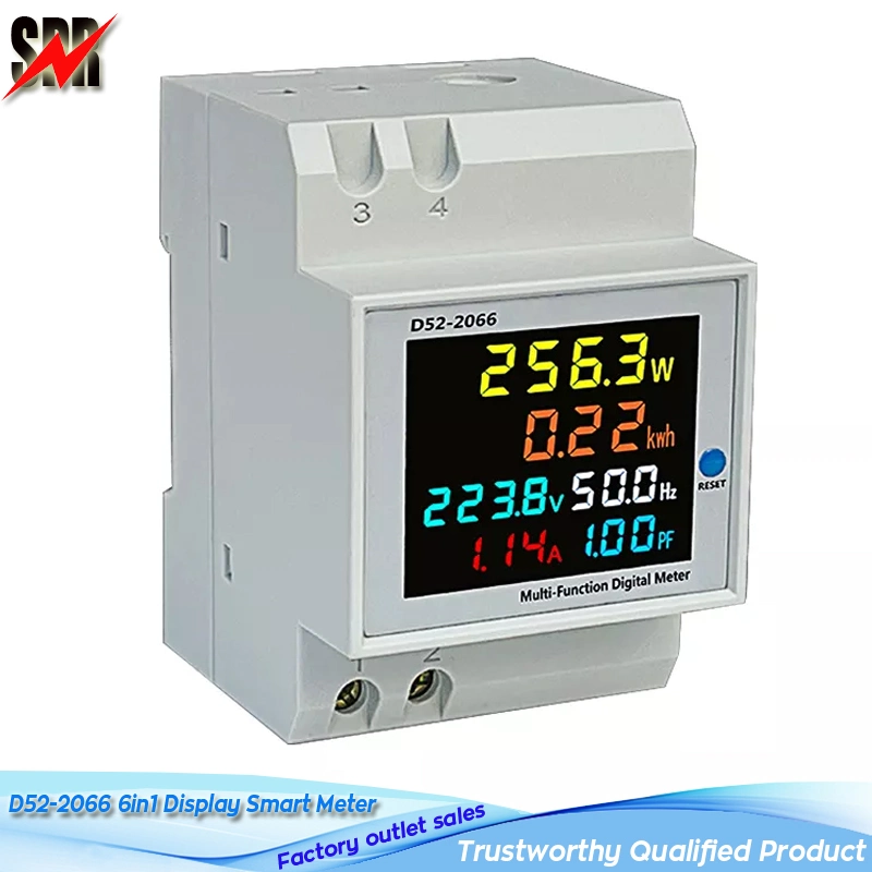 Model D52-2066 6in1 Display Smart Meter DIN Rail AC Monitor Voltage Current Power Factor Active Kwh Electric Energy Frequency Meter,Multi-Function Digital Meter