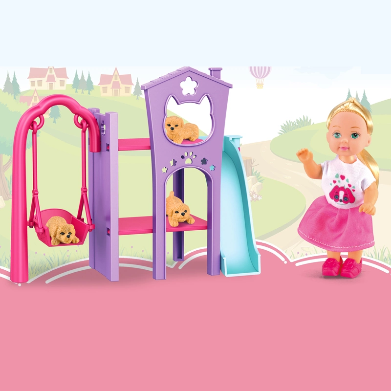 2023 New Wholesale/Supplier Toys Girl DIY Toys 4.5 Inch Solid Doll Swing and Slide Play Around Toy Cute Girl and Dogs Happy Time