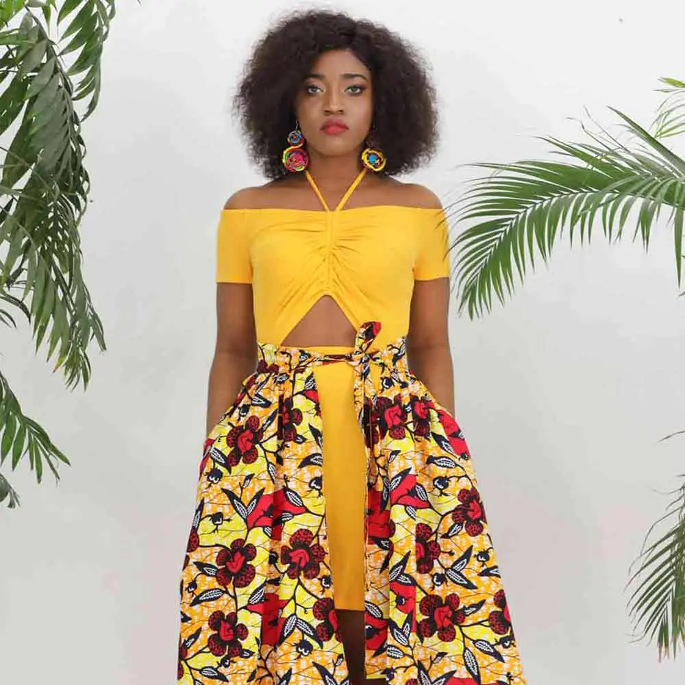 Custom Wholesale/Supplier African Fabric Wax Print Women Halter off Shoulder Crop Top with Tie Skirt Two Pieces Set for African Women
