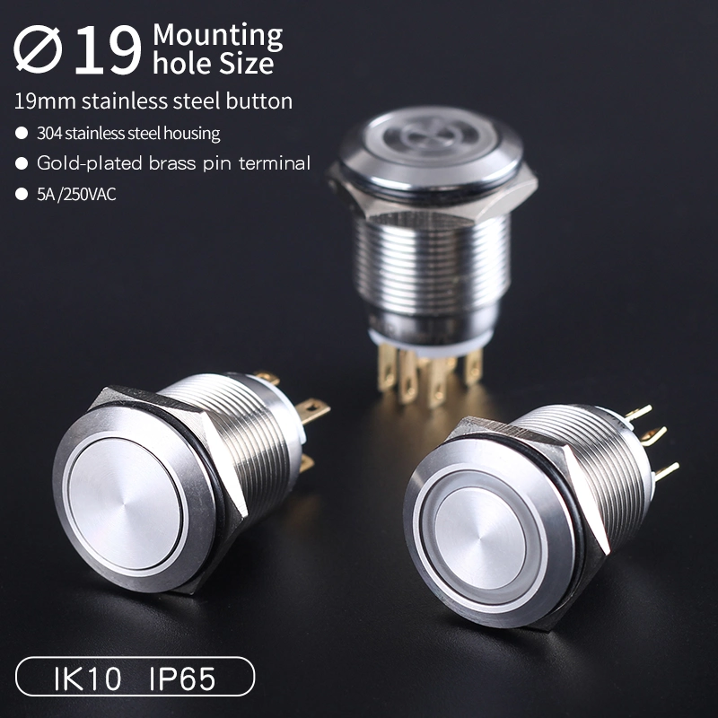 Flat Round Head IP67 Waterproof Ring Illuminated Momentary Switch Push LED Button 19mm