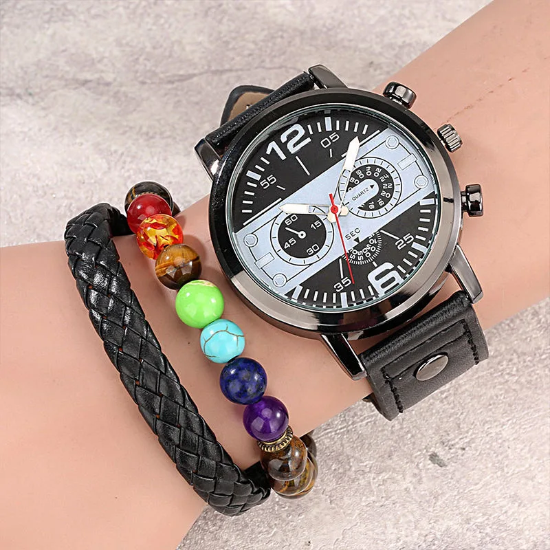 Gift Luxury Customized Watch for Men Bracelet Set Quartz Wrist Watches Black Leather Business Boy Gift Reloj Hombre