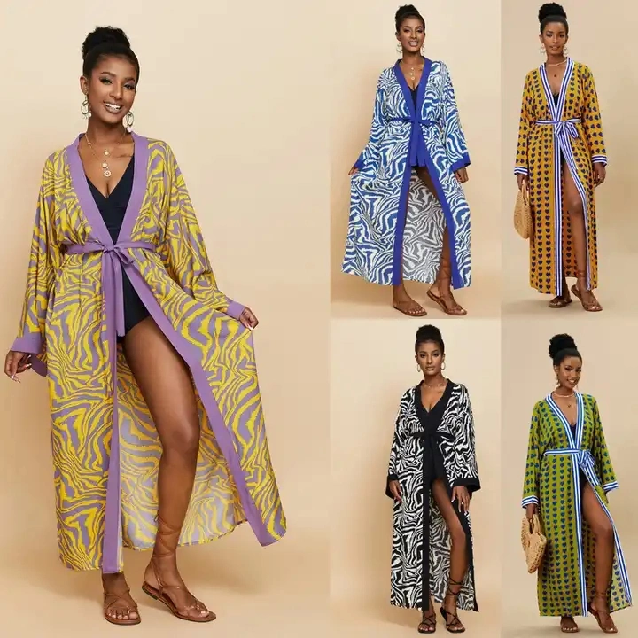 Casual personalizado às riscas Zebra Jantes Kimono longo banho encobrimento vestuário de Verão túnica mulheres desgaste de praia