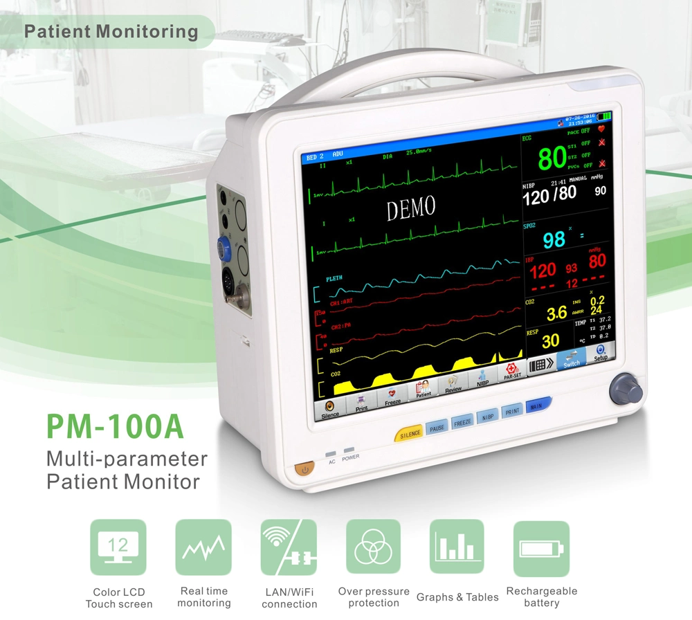 Medical 7inch Vital Signs ECG, NIBP, SpO2, Pr, Resp., Temp., Hr, Patient Monitor with Built-in Battery