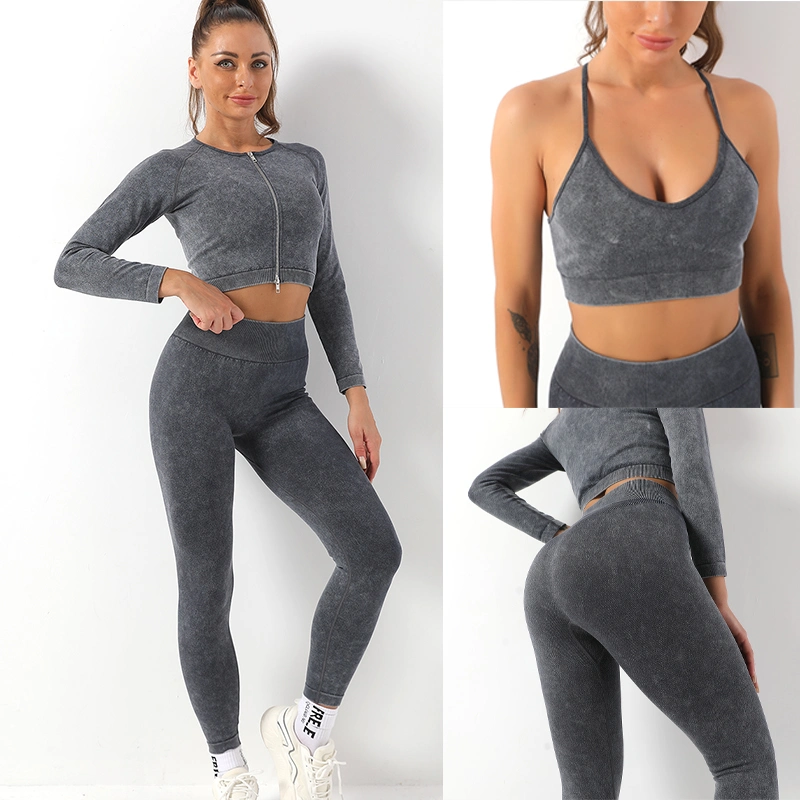 Stylish Ladies Workout Sportswear Seamless Gym Bra Sand Washing Workout Leggings Activewear Set