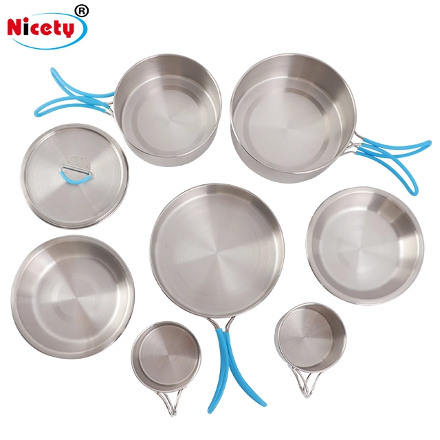 Copos portáteis de oito peças para caminhada Pot Pan Cooking Ware utensílios SUS304 Conjunto de utensílios de cozinha de campismo em aço inoxidável