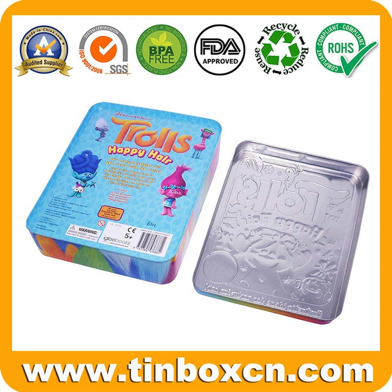 Customized Cute Large Rectangle 3D Embossed Metal Can Gift Tin Box for Kids Toys Cookies Biscuits