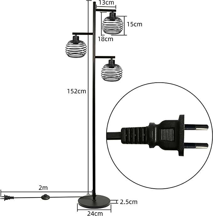 Vintage Retro 3*E27 Socket Metal Black Industrial Floor Lamp for Bedroom