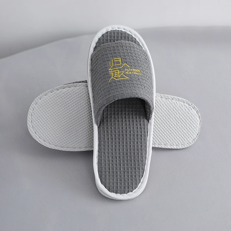 Chinese Supplier Hotel Disposable Amenity Black Cotton Waffle Slipper Open Toe Comfortable Hotel Slipper