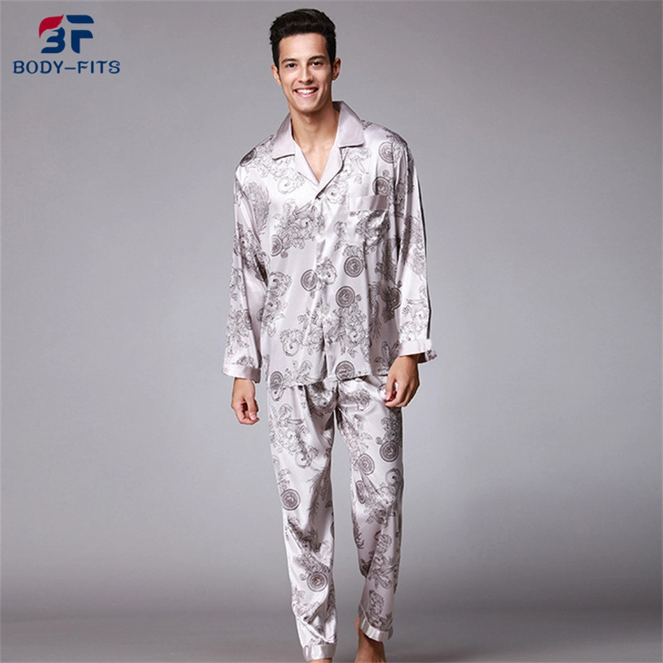 Custom Sleepwear Men&prime; S Print Button Down Long Sleeve Satin Silk Pajama Sets