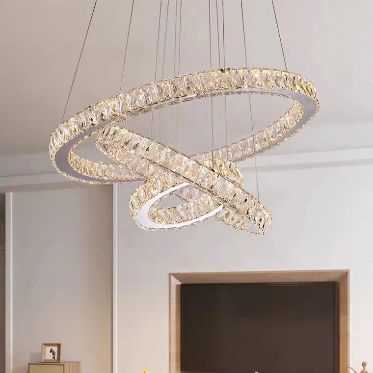 Zhongshan Home Lighting Classic Modern Design 3 Circle Stainless Steel K9 Crystal LED Chandelier Pendant Light Factory