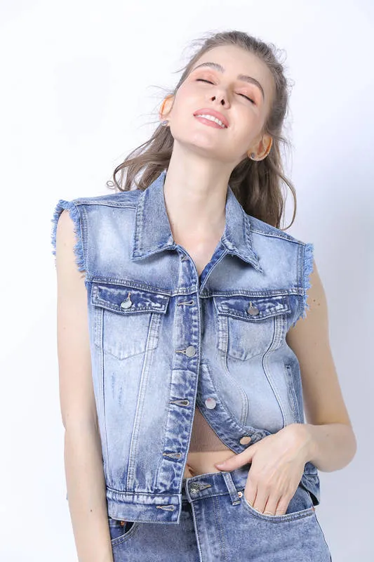 New Fashionable Women Clothing OEM/ODM Sleeveless Fringe Cuff Denim Jacket with Active Enzyme Washing Embroidery Blocking at Back Denim Vest