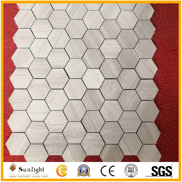 Hot Sale Natural Stone Wood Vein White Marble Mosaics with Flat, Hexagon, Chevron, Lantern, Rhomboid Shape for Bathroom /Wall Tile