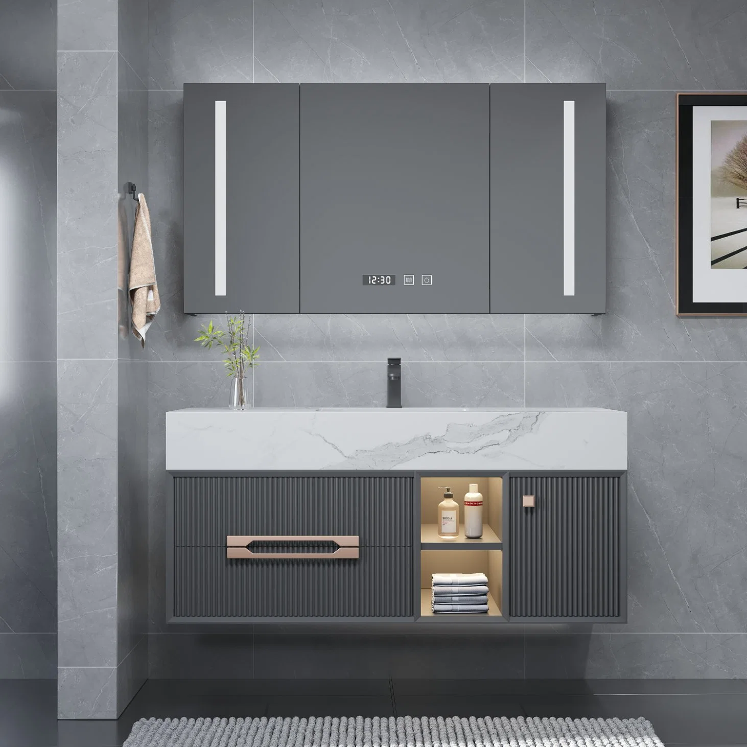 Novo design moderno de cor cinza montado na parede espelho iluminado LED banheiro armário de toucador com placa de pedra e mármore dissipador topo