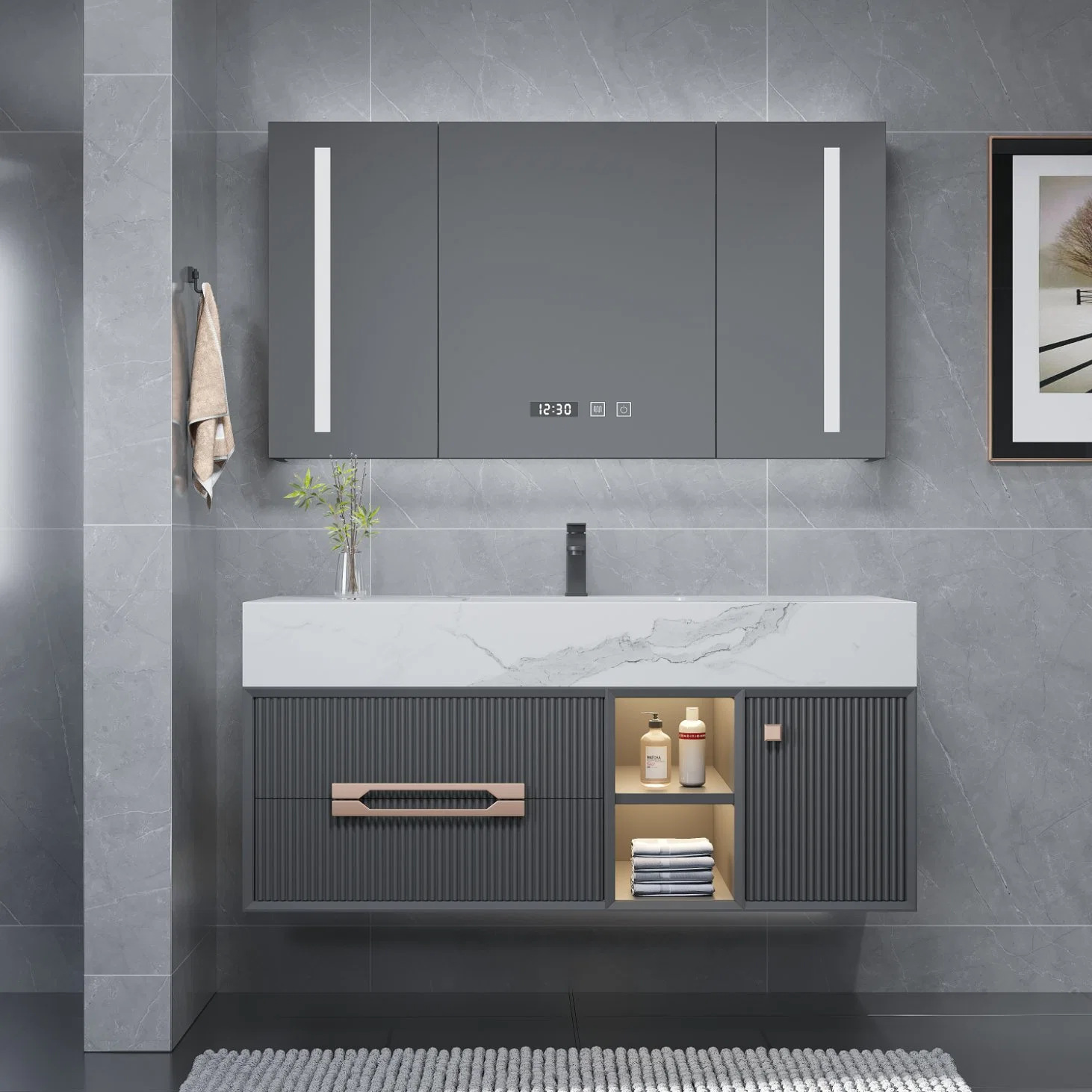 Gris couleur moderne Nouveau design mural miroir éclairé à LED Meuble-lavabo de salle de bains avec évier à plaque de roche et dessus en marbre