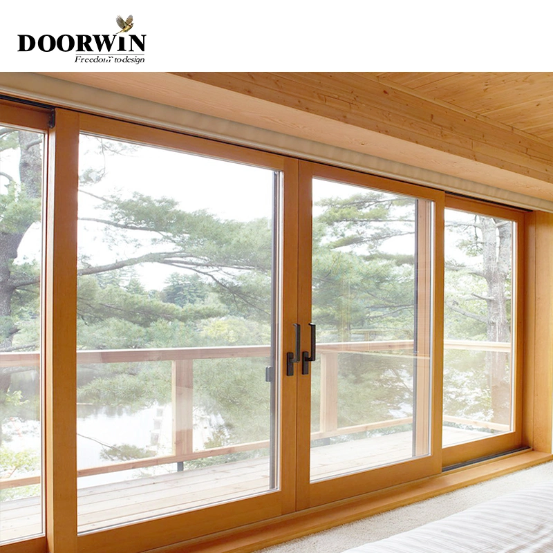 Doorwin Modern Sliding Patio Doors Exterior Oak Wooden 3 Panel Slide Glass with Built in Blinds Glass Entry Entrance Solid Wood Door