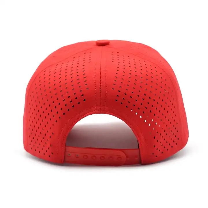 Casquette de baseball perforée à 5 panneaux, personnalisée, devant en polyester rouge Sublimation impression Design Gorras laser Cut Hole Sports Fishing Golf Chapeau