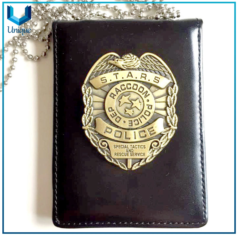 Insignia de identificación de oficial de policía de Custom Metal con cuero de vaca Genunine Soporte/cartera con cadena de balada de servicio pesado de 3mm mm de diámetro