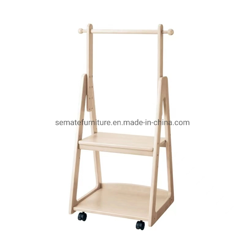 New Arrival Modern Kids Furniture Adjustbale Height Solid Wood Dress-up Closet Coat Clothes Rack with Mobile Wheels and Hanger