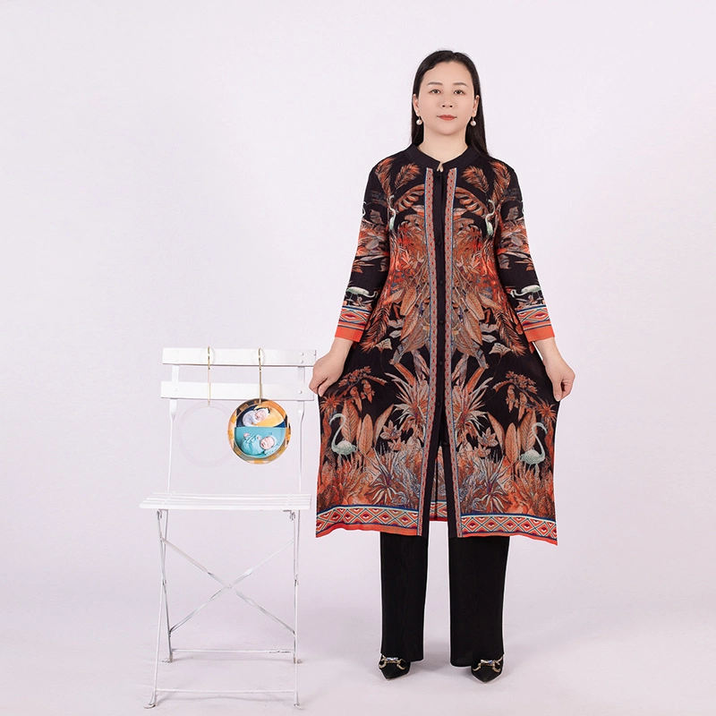 Tianbao Miyake Pleats 2023 Spring New Printed Single Breasted Round Neck Long Sleeve Loose Large Size Women's Pant Suit