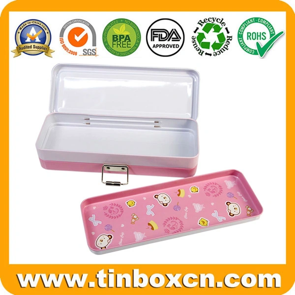 Double-Deck Stationery Metal Tin Box with Latch for Pencil Case