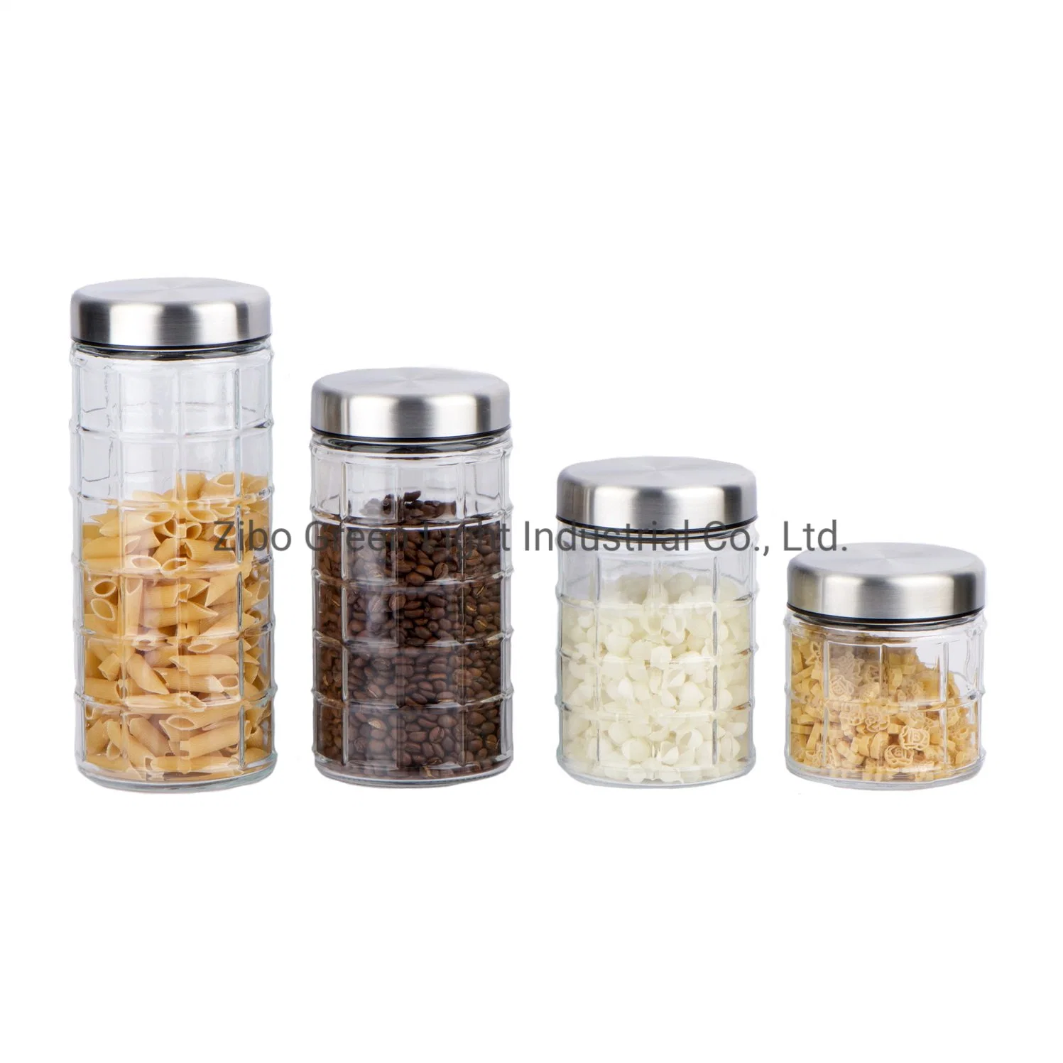 Glass Food Storage for Pasta Coffee Cookie with Embossed Design and Stainless Steel Lid