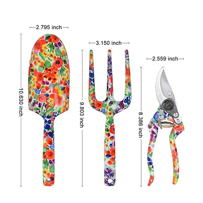 Garden Tools Set of 3PC Floral Design Clippers Trowel Weeding Fork Plant Gardening Trowel, Cultivator, Pruning Shear