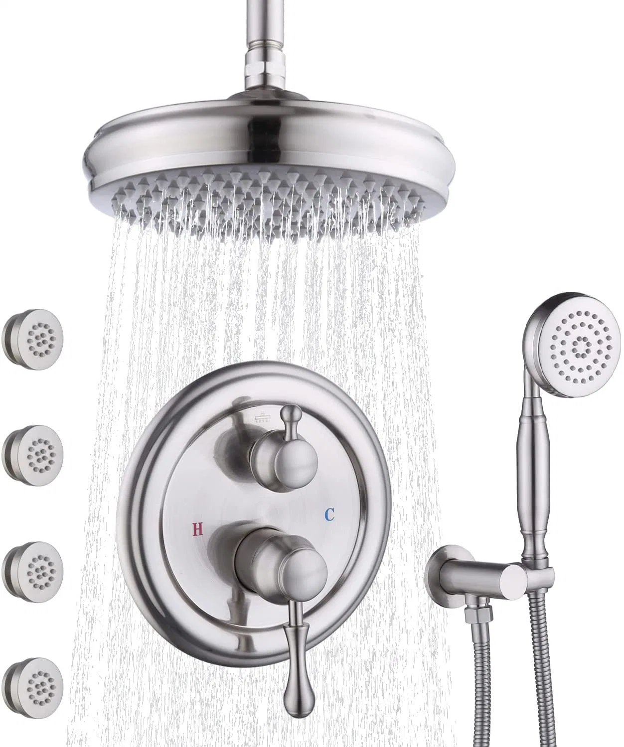 Antique Brass Shower Fixture Combo Set with Hand Sprayer with Body Spray Ceiling Mounted 8 Inch Rain Shower Faucet Set, Brushed Nickel