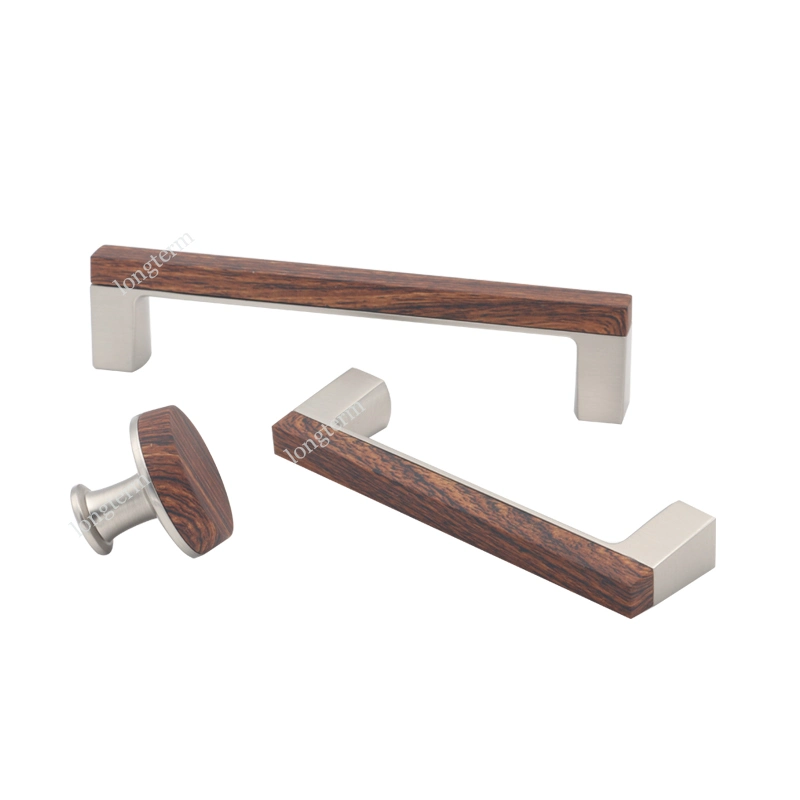 Zinc Alloy Brushed Satin Nickel and Wood Grain Cabinet Handle