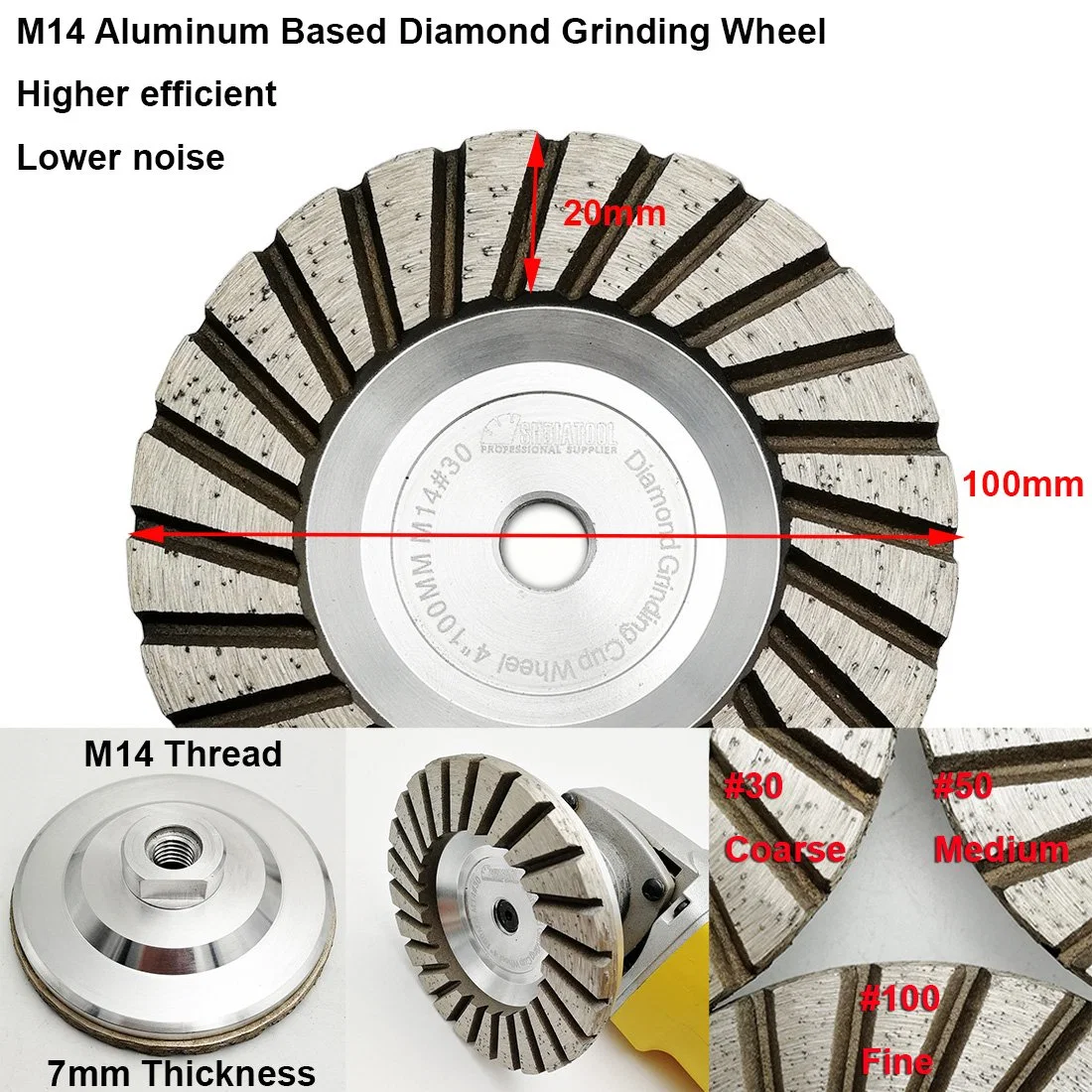 M14 Dia 4"/100mm Diamond Grinding Cup Wheel Aluminum Based Grinding Disc Granite Marble