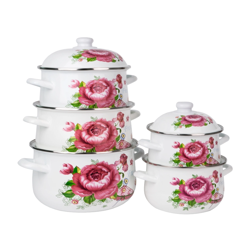 806D Home Kitchen High quality/High cost performance  Stocks Full Flower Rose Cookware Cooking Container Enamel Casserole Sets