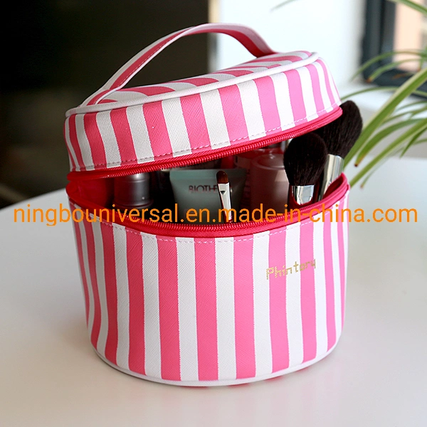 Women Pink PU Handle Travel Cylinder Round Cosmetic Bags Cases