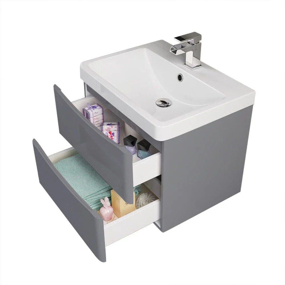 600mm Grey Bathroom Smile Vanity Unit Basin Storage 2 Drawers Cabinet Furniture