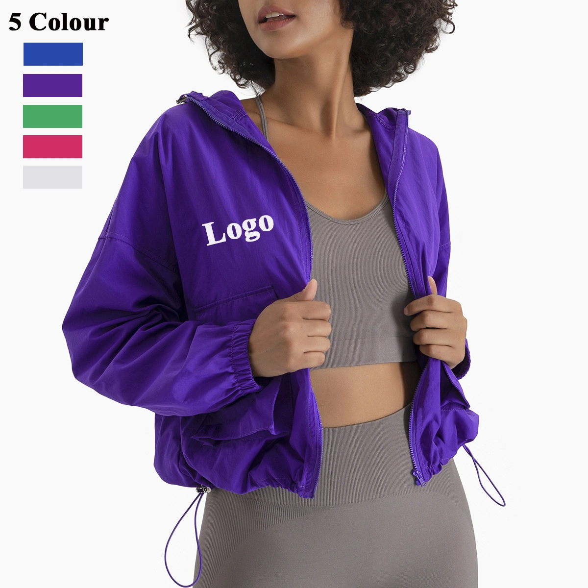 Vente en gros vêtements de gym lanterne manches longues hauts taille manteau plissé Sweat-shirt décontracté à capuche pour femmes Zipper