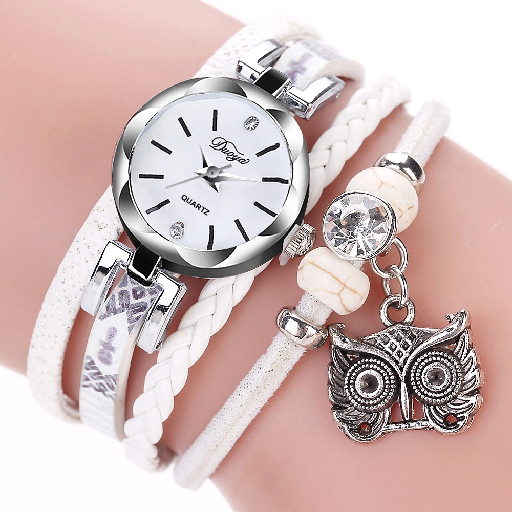 Sport Girls Reloj de muñeca Analog Quartz trenzado cuero muñequera Reloj Owl colgante pulsera relojes Esg13634