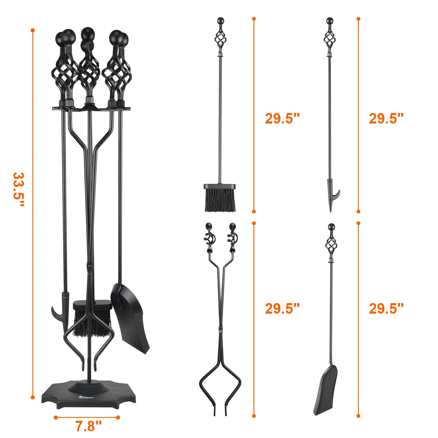 New 5 Pieces Fireplace Tool Set Black Cast Iron Fire Place Tool Set with Log Holder Fire Pit Stand Rustic Tongs Shovel Antique Broom Chimney Poker Wood Stove