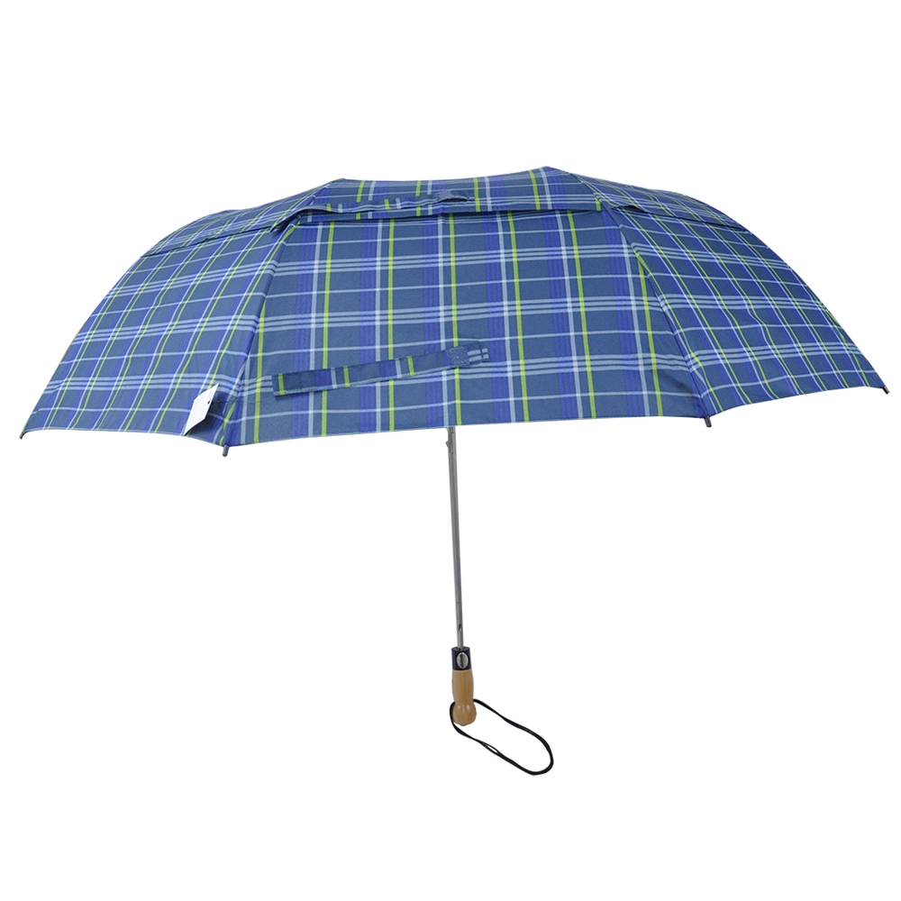 Classic Plaid Fabric Rain Umbrella Wooden Handle Folding Umbrella for Men and Women