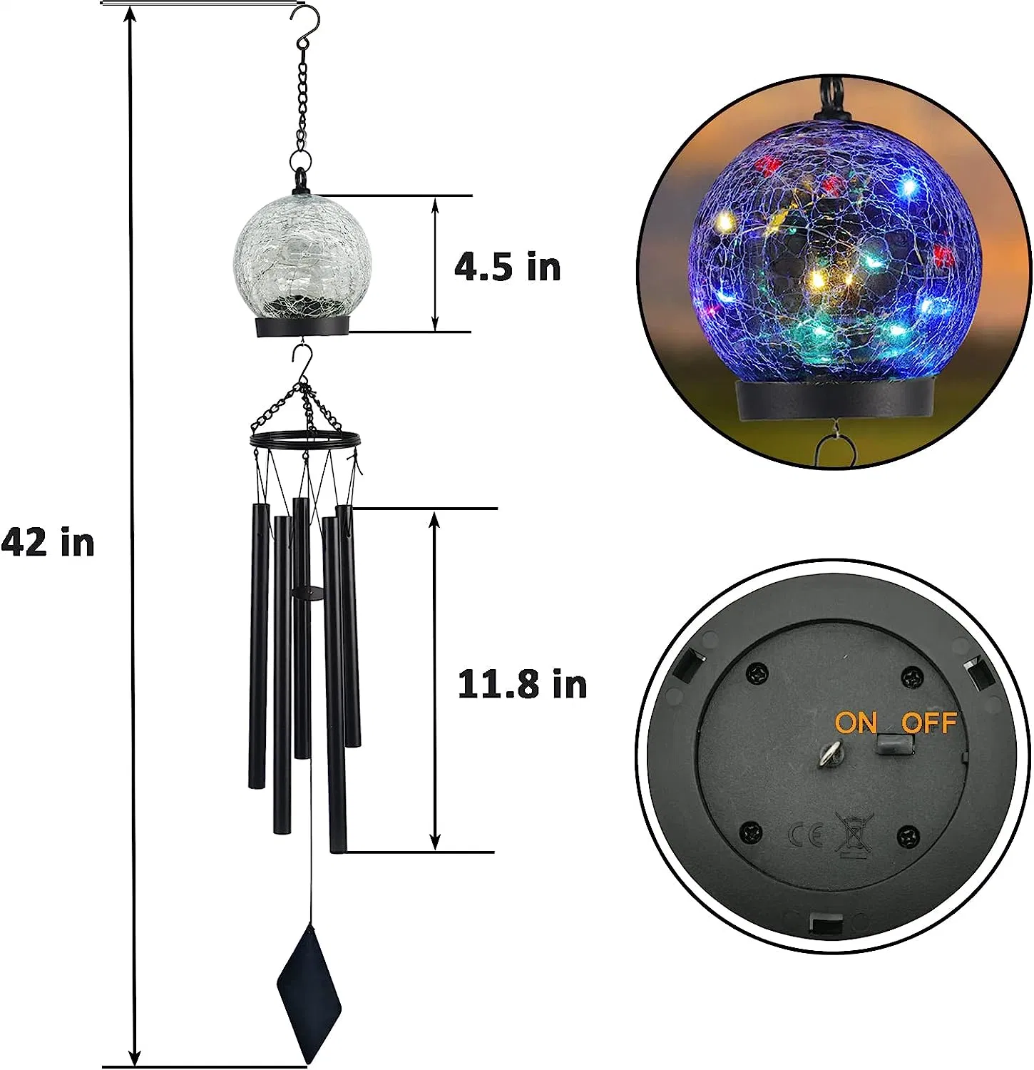 Home Decoration Gift, 42 Inch Large Sympathy Chime 15 LED Twinkle Multi Color Crackled Glass Ball Birthday Gifts for Women Decorative Hanging in Gar