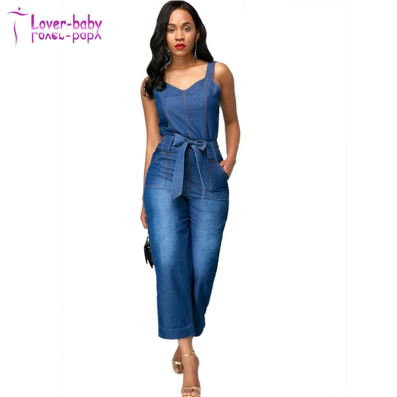 Tirantes anchos Denim Jumpsuit sexy con la correa