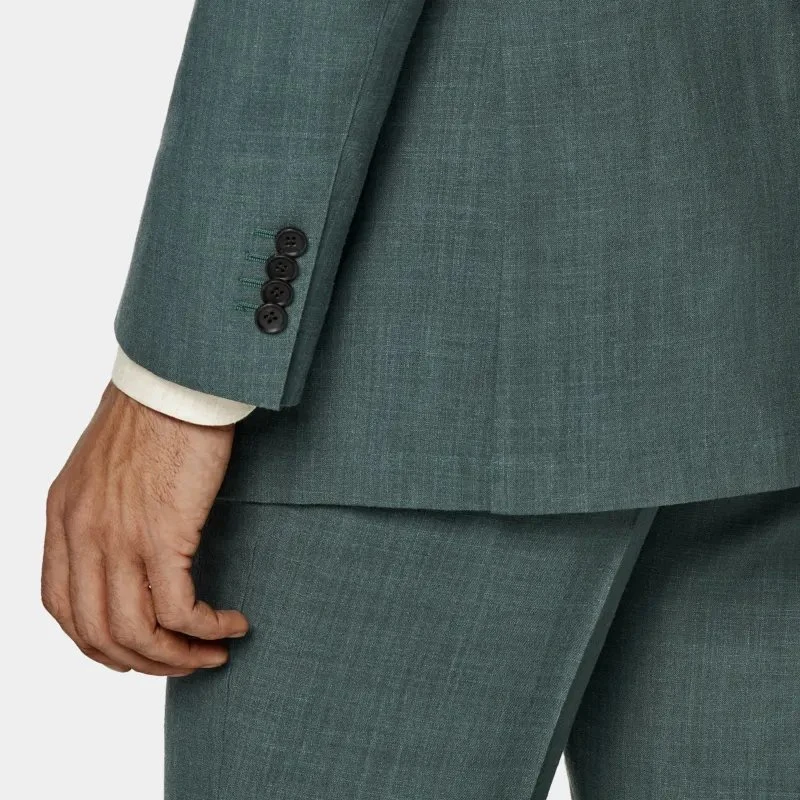 OEM Medium Green Wool, Silk and Hemp Blended Men's Banquet Slim Double-Breasted Suit