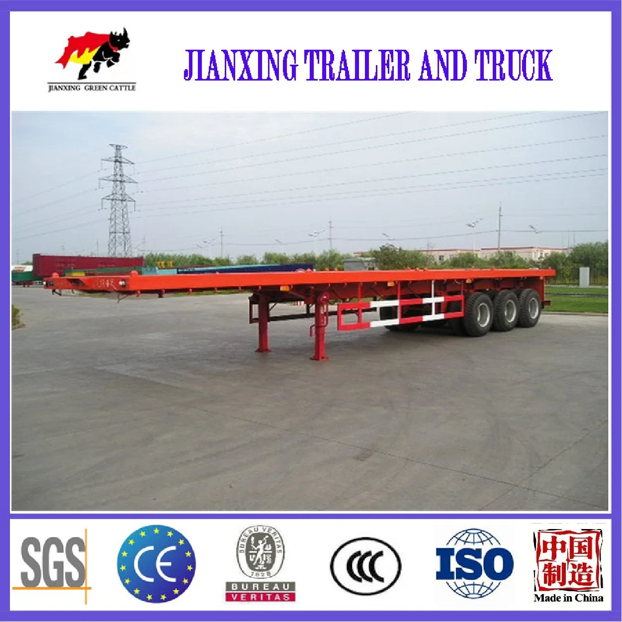 Jianxing Good Product Used Shipping Container 20FT 40FT Flatbed Semi Trailer 3 Axle Flat Bed Truck Trailer with Container Lock for Sale
