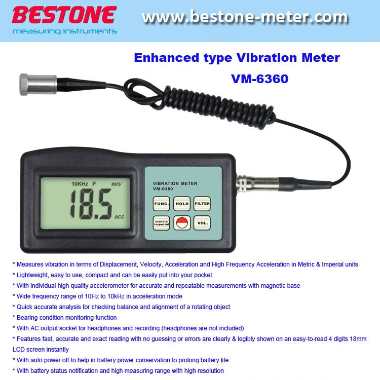 Medidor de vibraciones Vibrometer Digital Analizador de probador de trocha 10Hz-10kHz de la velocidad de aceleración de las medidas de desplazamiento de frecuencia de rpm (VM-6360)