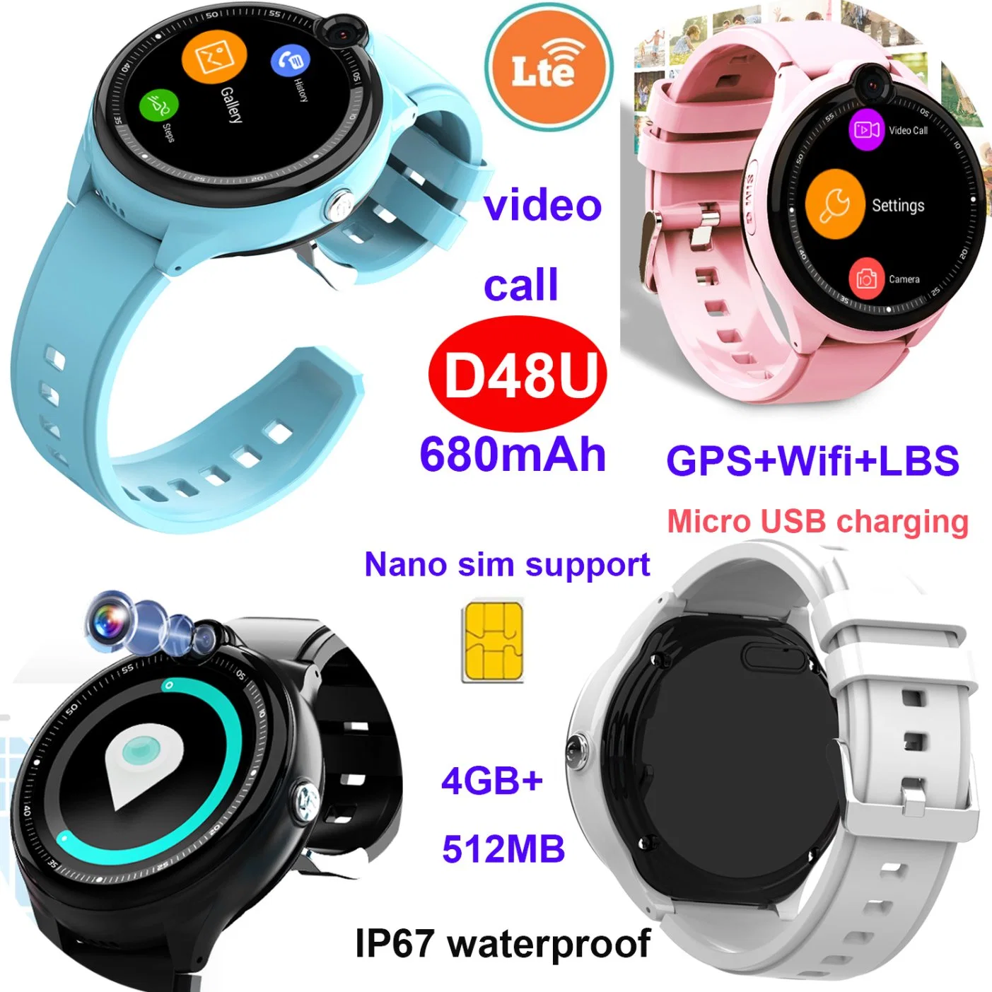 فيديو SOS جديد من USB ميكرو المقاوم للمياه 4G LTE IP67 اتصل بـ Smart Watch Tracker GPS مع تتبع سجل اللياقة D48U