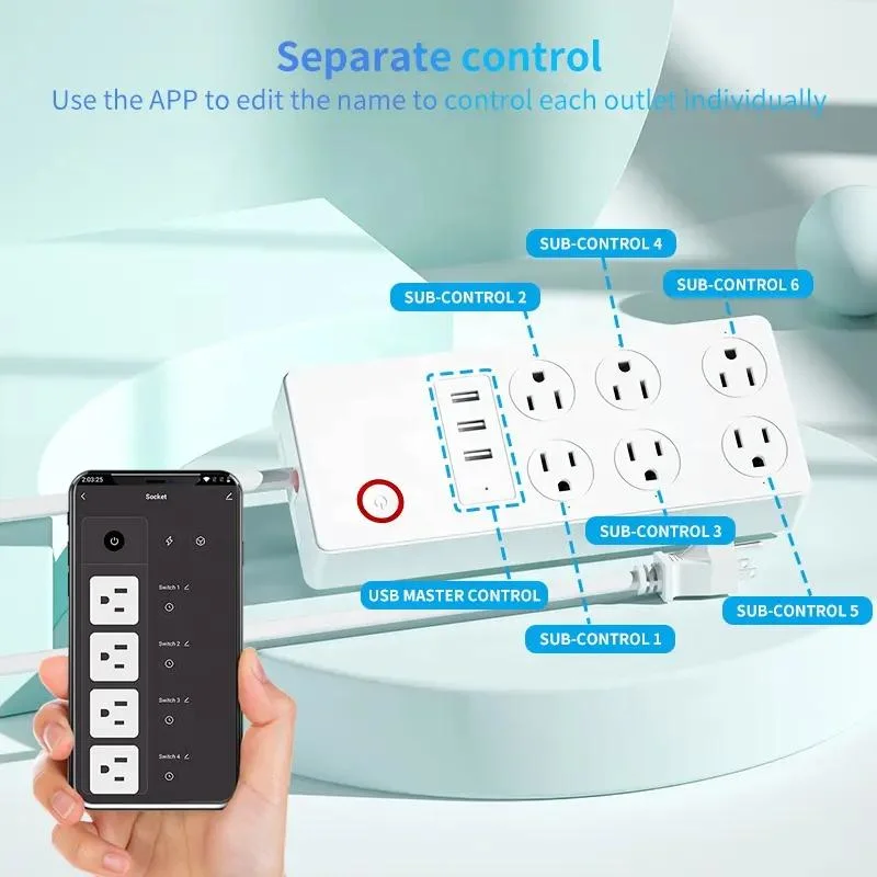 Eua Standard 6AC 2 portas de carga USB Comando de Voz de distribuição Tuya Extensão da Faixa de Alimentação Inteligente WiFi tomada com monitoramento de energia