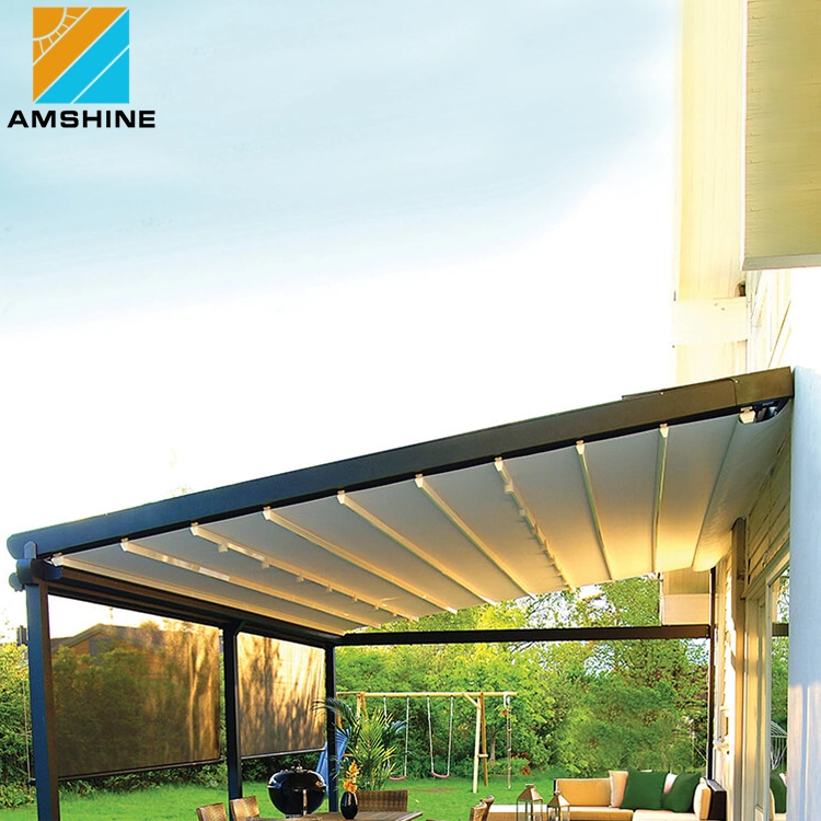 Techo retráctil de aluminio para pérgola de PVC, gazebo bioclimático, techo de toldo motorizado impermeable de red de sombra.