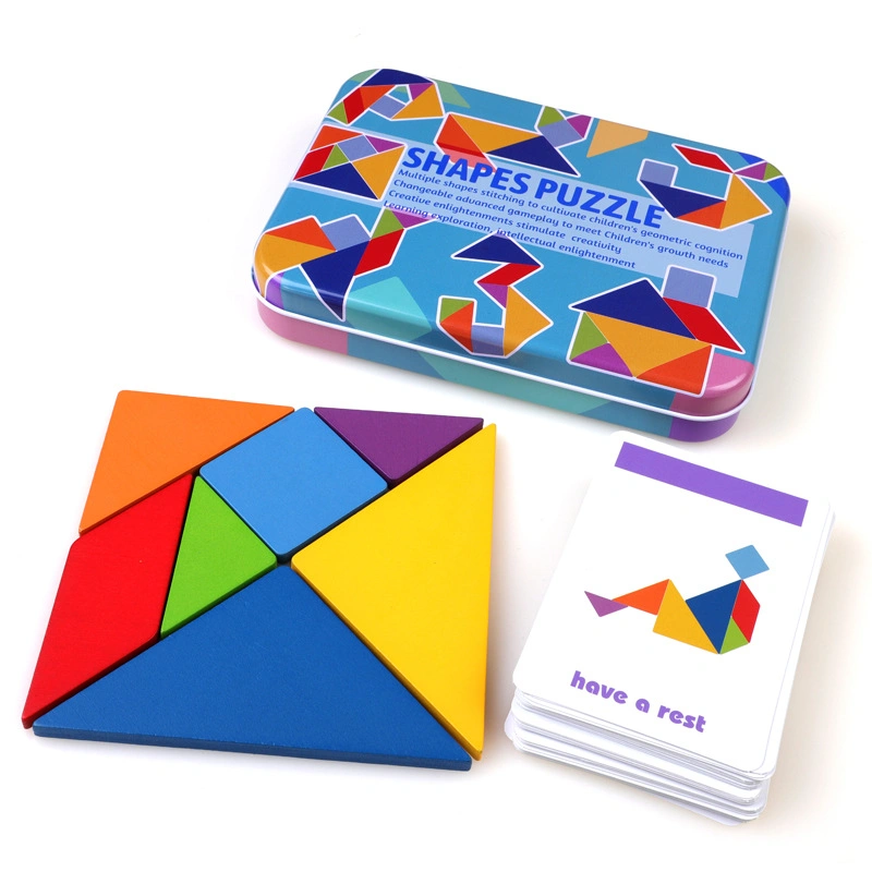 Los estudiantes de escuela de educación anti estrés de los dedos de mano de siete piezas de puzzle Shapes juguetes niños juguetes de juego de Tangram con caja de metal