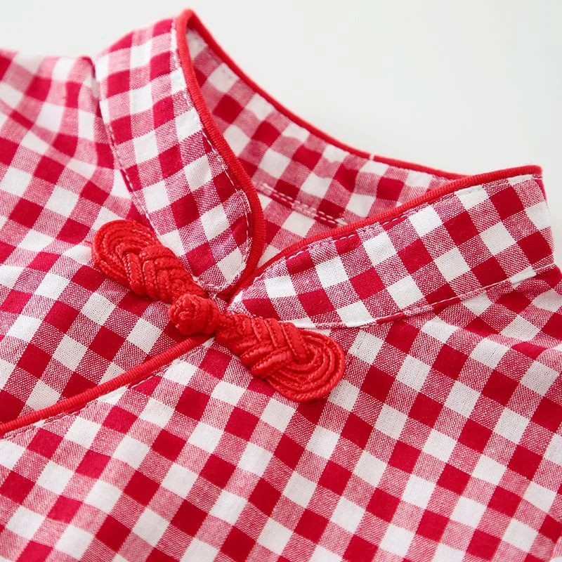 Wholesale/Supplier China Style Short Sleeve for Summer Cute Red Plaid Pajama Baby Girl Romper