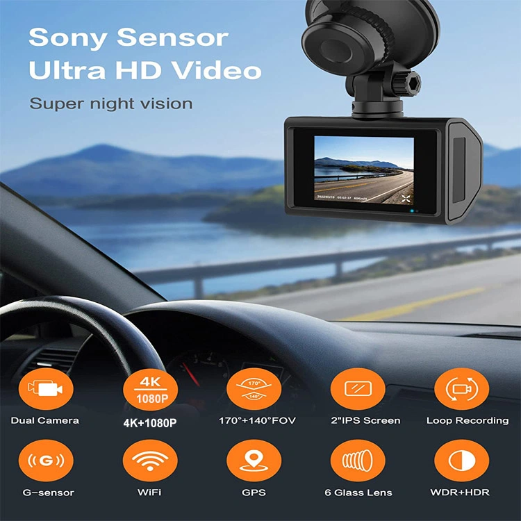 2"Mini Car 4K Dash Cam Recorder GPS WiFi Dual Camera WDR HD Night Vision Car DVR Dashcam 4K Car Dash Camera G-Sensor Parking Monitoring Car Black Box