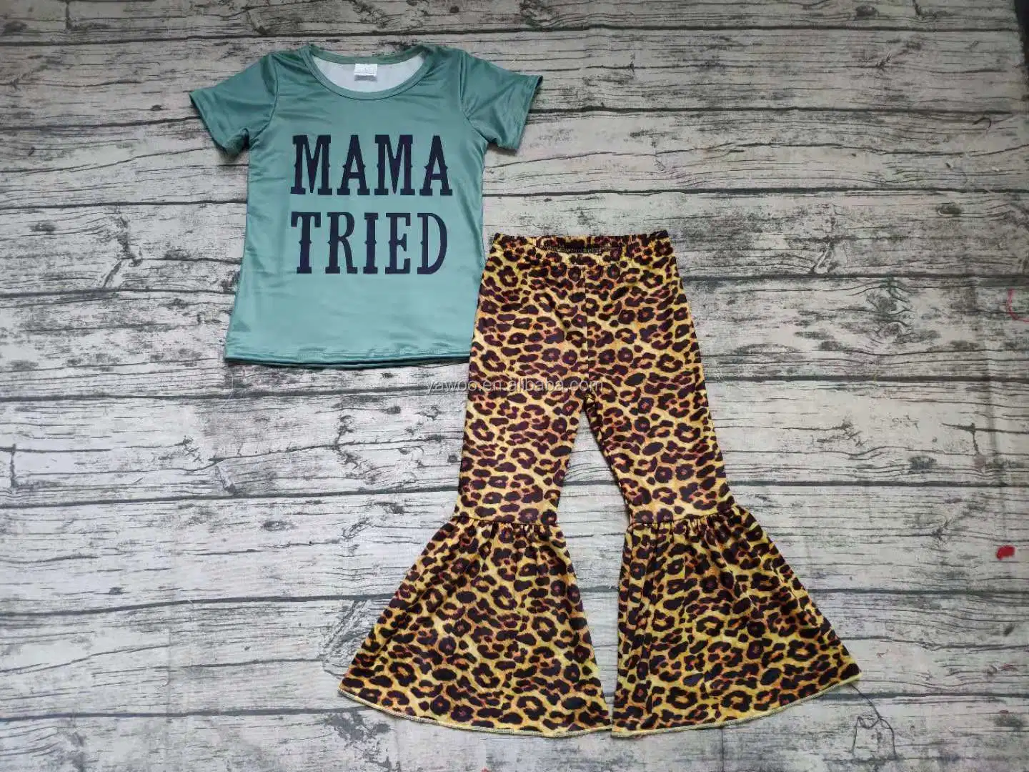 Baby Girls Wholesale Children Short Sleeve Mama Tried Print Shirt Top Leopard Color Big Ruffle Bell Bottom Pants Kids Clothing